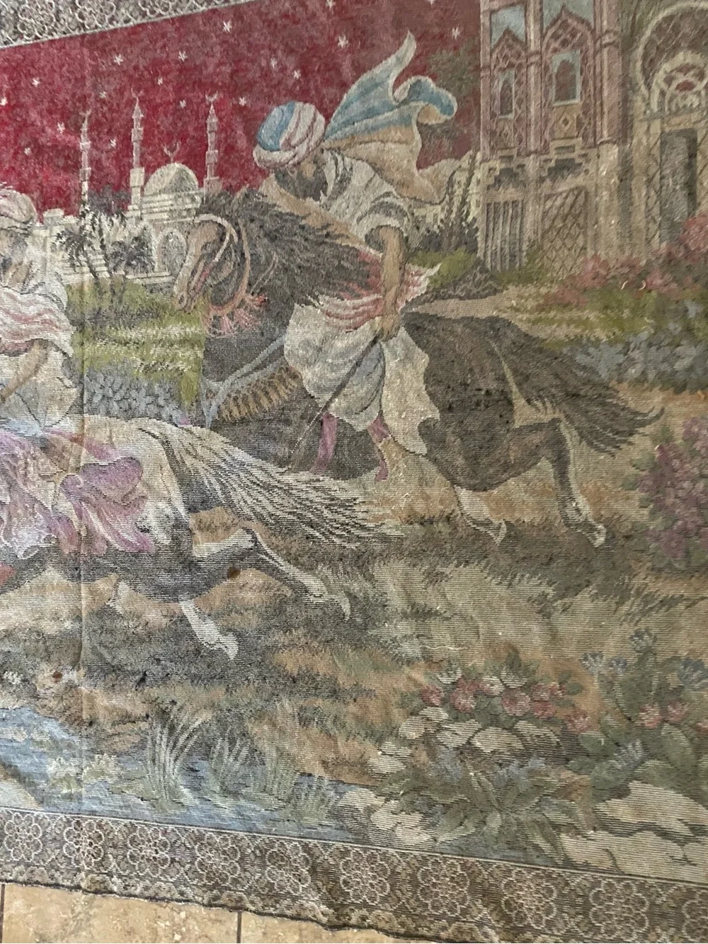 Vintage Arabian Nights Velvet Pictorial Tapestry Wall Hanging Rug Large 68”x46”